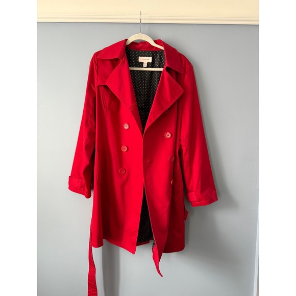 New JM Collection Red Double Breasted Belted Trench Coat Lined Size Large Cotton - Picture 14 of 15
